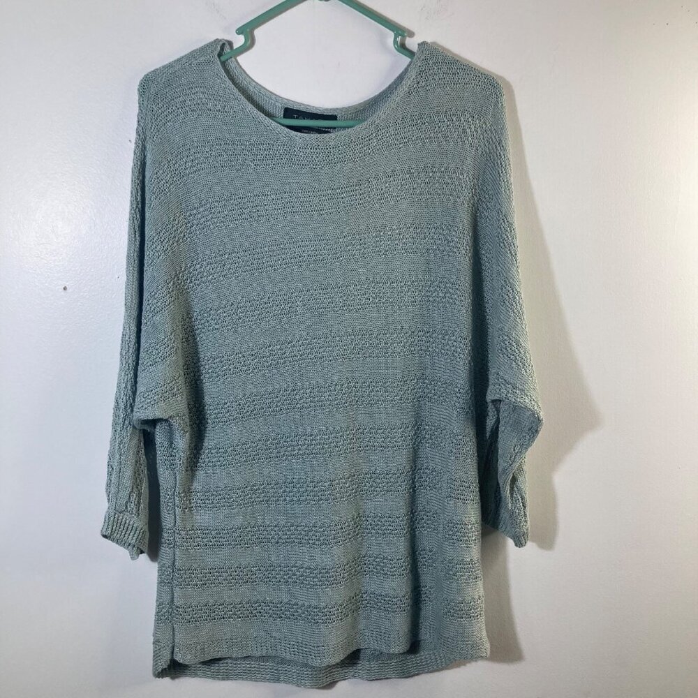 Womens Tahari Linen Knit Sweater Pullover 3/4 Dolman Sleeve Green M